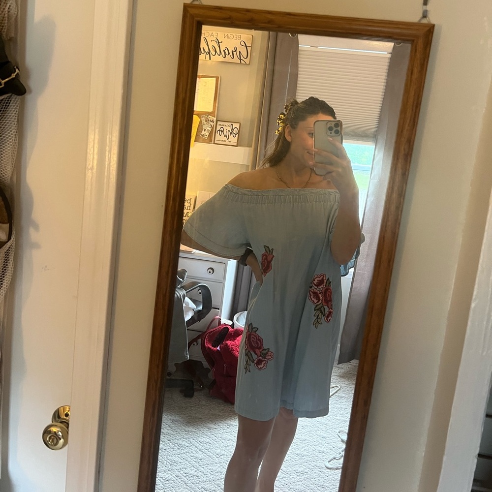 Off the shoulder blue denim dress with roses on them